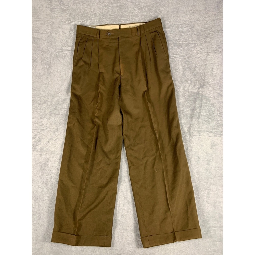 Monsieur Givenchy Mens Pleated Dress Trousers 35R Brown Olive Straight Leg